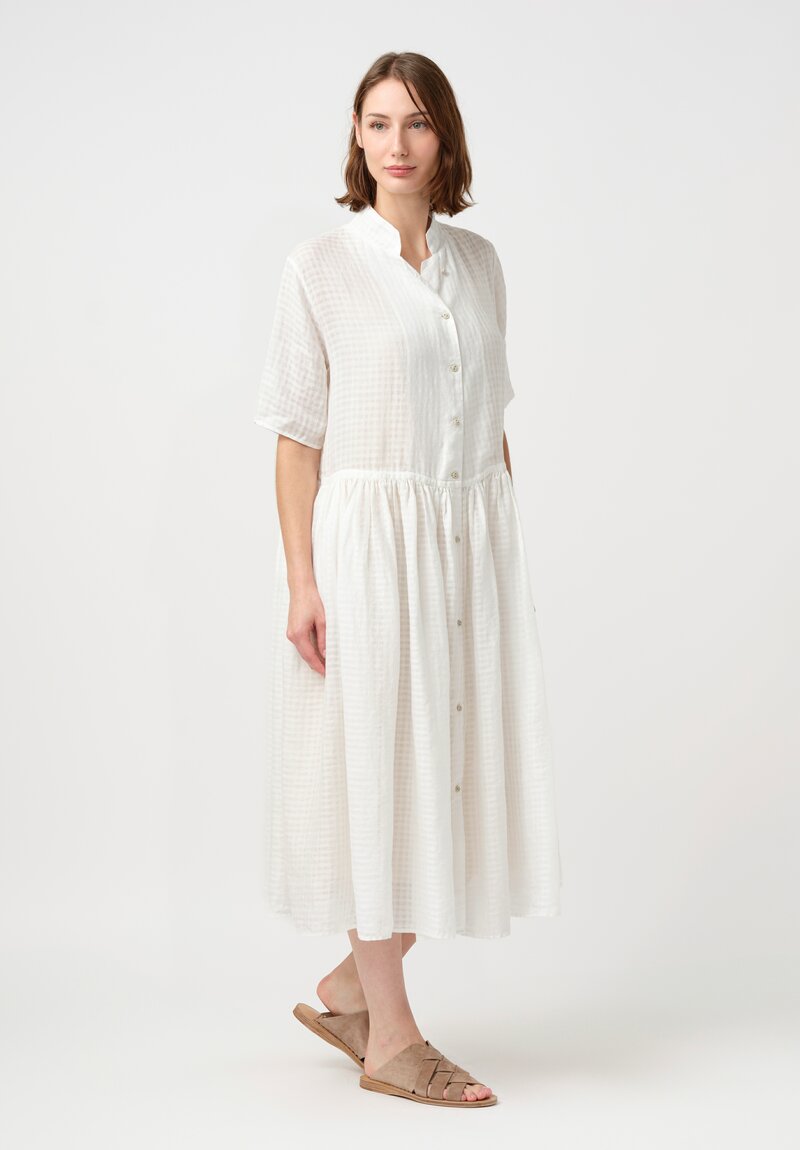 Kaval Linen Ramie Gathered Waist Button-Down Dress in White Gingham