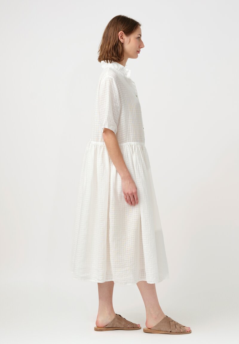 Kaval Linen Ramie Gathered Waist Button-Down Dress in White Gingham