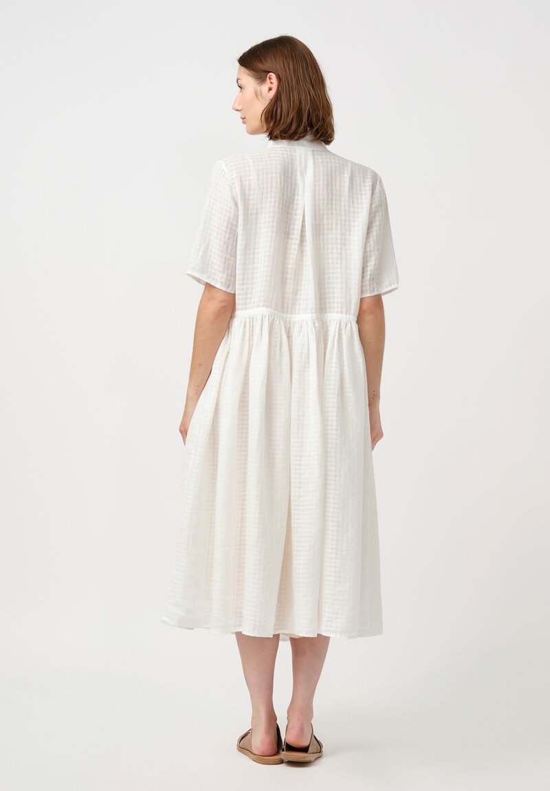 Kaval Linen Ramie Gathered Waist Button-Down Dress in White Gingham