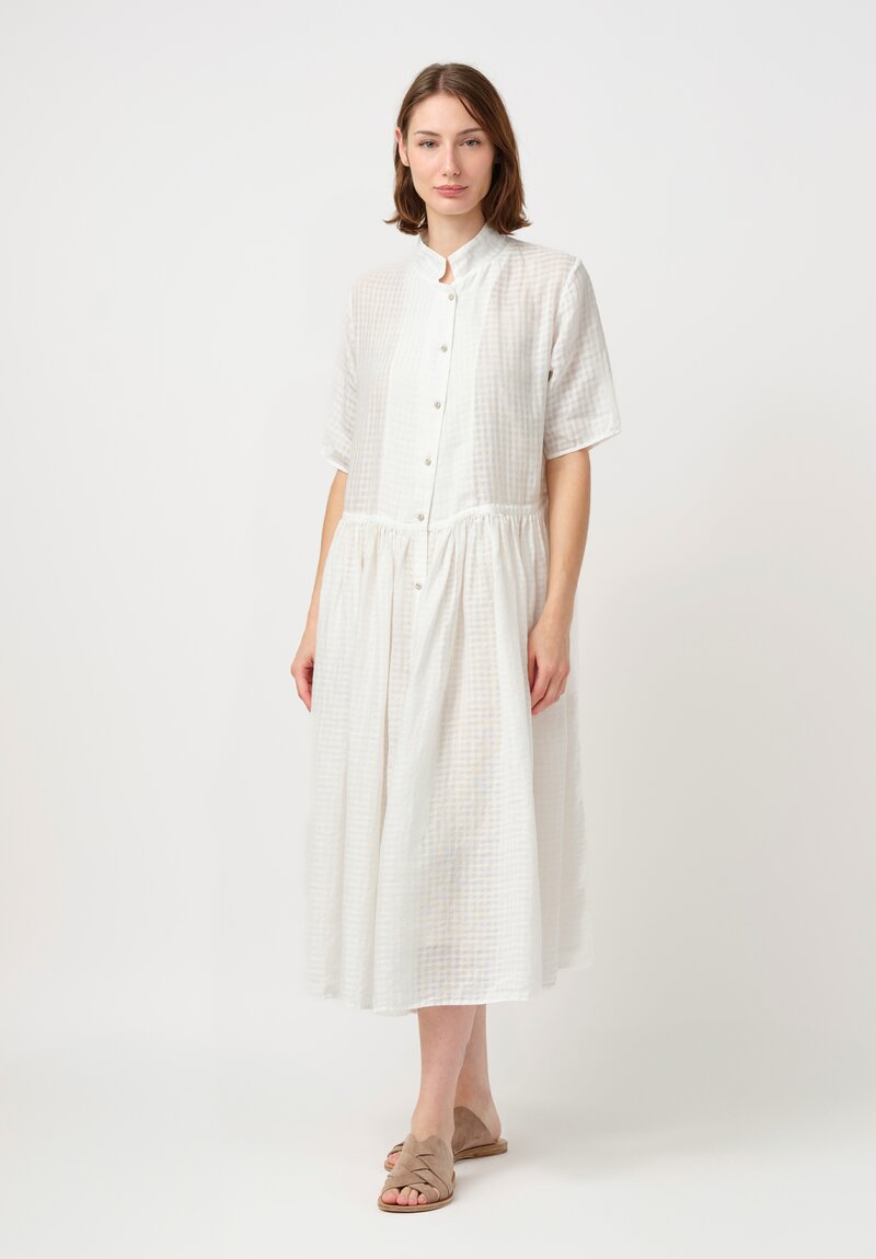 Kaval Linen Ramie Gathered Waist Button-Down Dress in White Gingham