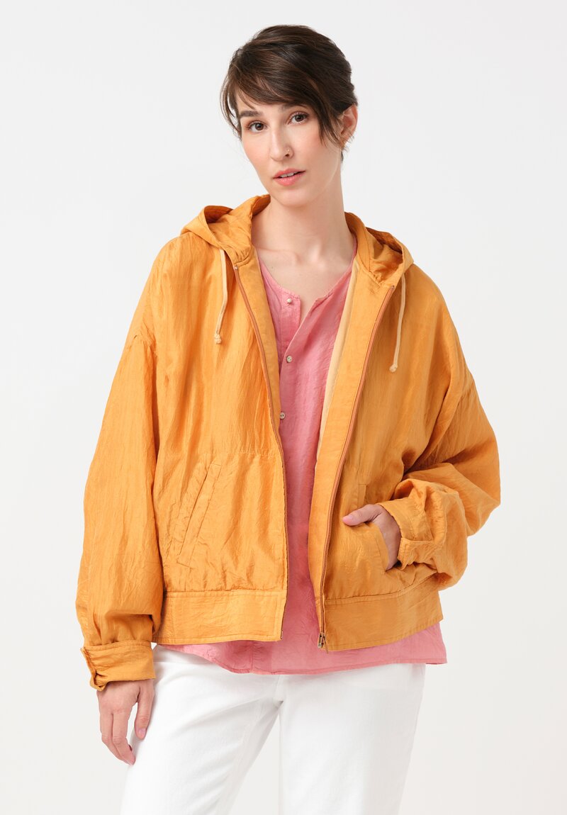 Kaval Khadi Silk Zip Up Hoodie in Mango Orange