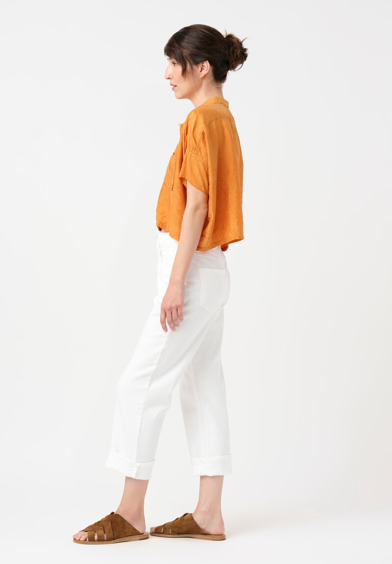 Kaval Khadi Silk Aloha Button-Down Crop Top in Mango Orange