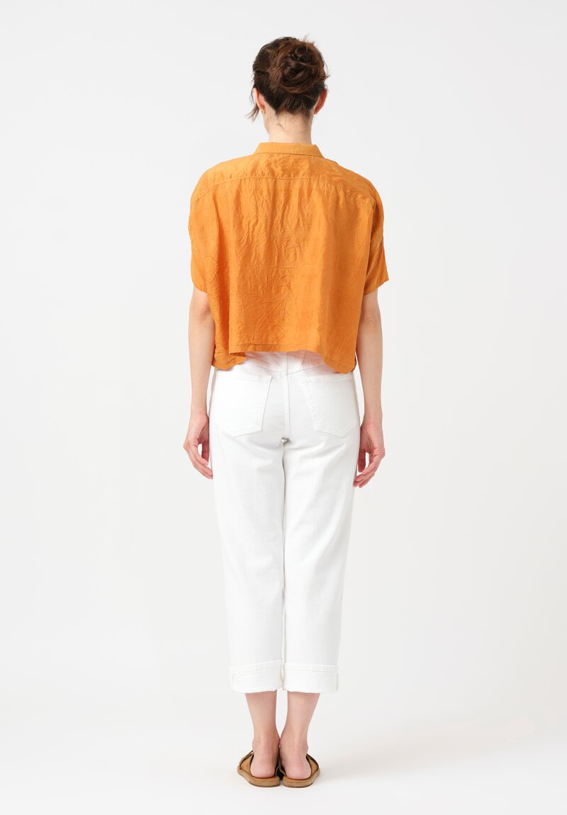 Kaval Khadi Silk Aloha Button-Down Crop Top in Mango Orange