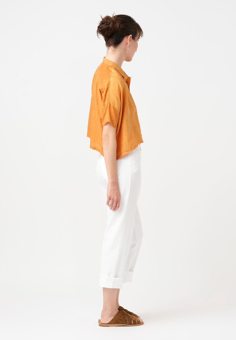 Kaval Khadi Silk Aloha Button-Down Crop Top in Mango Orange