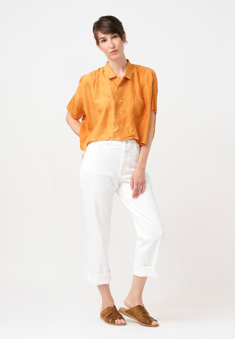 Kaval Khadi Silk Aloha Button-Down Crop Top in Mango Orange