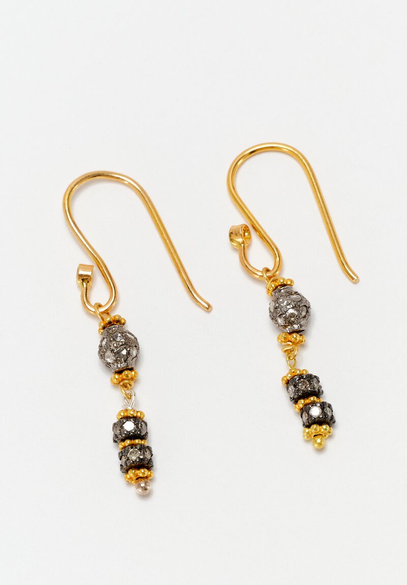 Greig Porter Oxidized 18K Starburst Drop Earrings with Diamond-Studded Bead Stack 1.25"