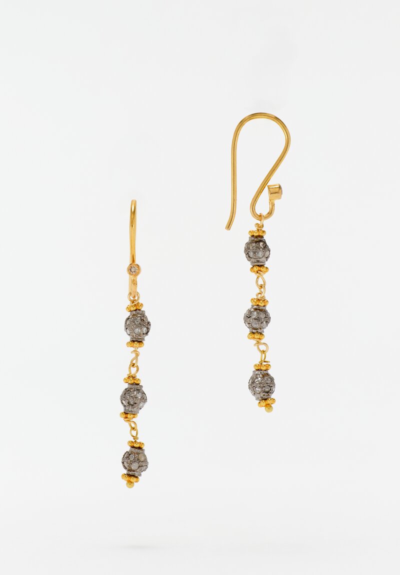 Greig Porter Oxidized 18K Starburst 3-Drop Diamond-Studded Bead Dangle Earrings 1.625"
