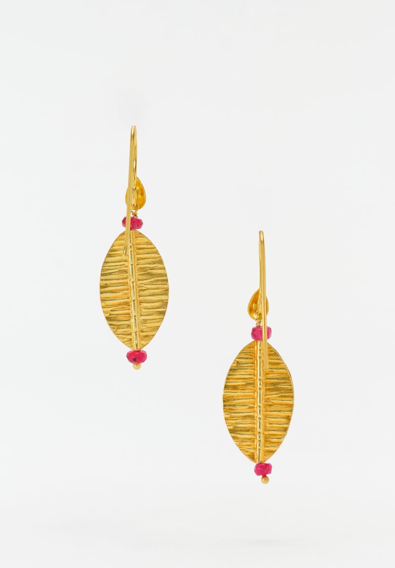 Greig Porter 18K Leaf Dangle Earrings with Faceted Ruby Beads 1.5"