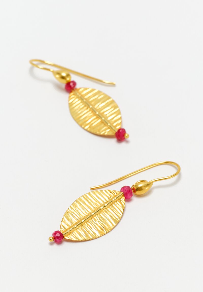 Greig Porter 18K Leaf Dangle Earrings with Faceted Ruby Beads 1.5"