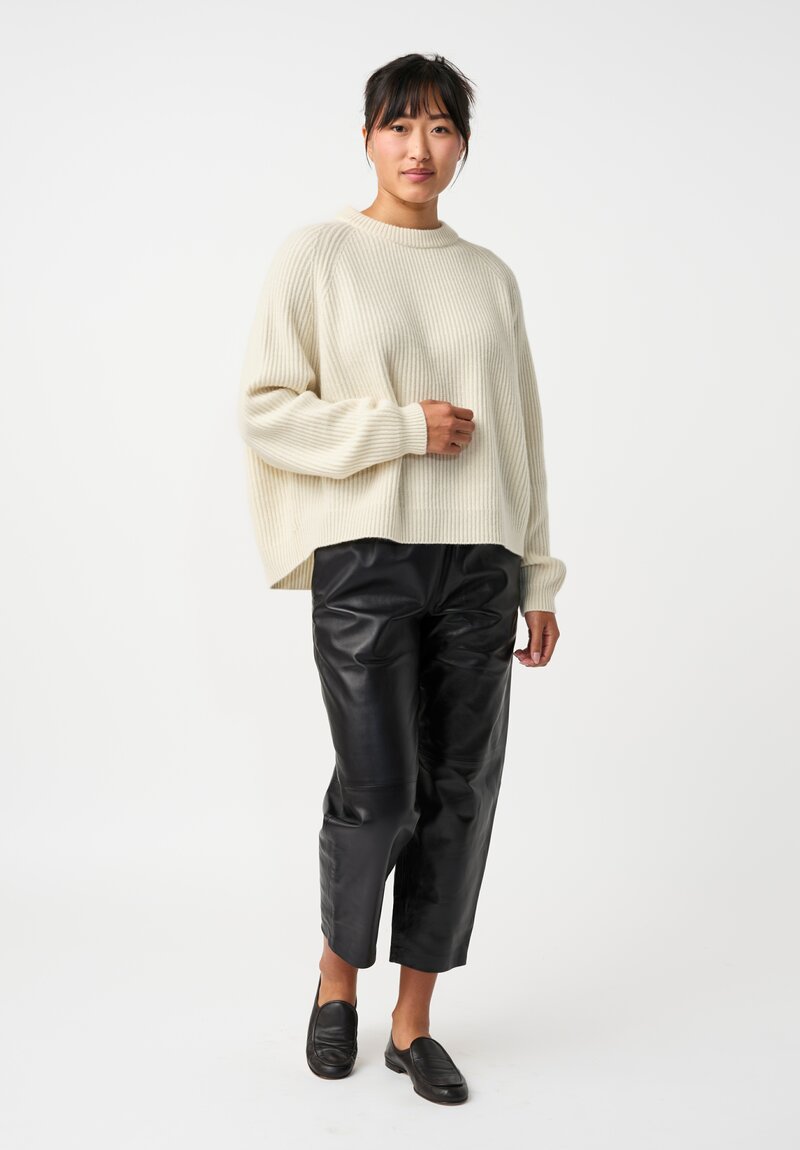 Dusan Cashmere Ribbed Knit Crewneck Sweater in Bone White