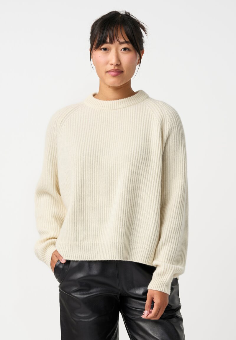 Dusan Cashmere Ribbed Knit Crewneck Sweater in Bone White