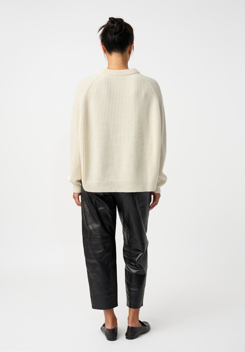 Dusan Cashmere Ribbed Knit Crewneck Sweater in Bone White
