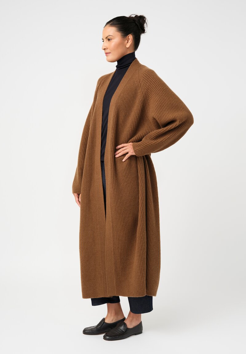 Dusan Cashmere Ribbed Knit Long Cardigan in Saddle Brown