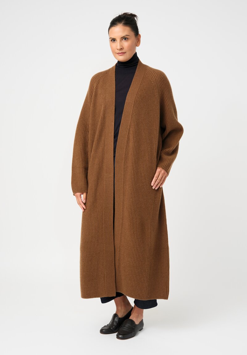 Dusan Cashmere Ribbed Knit Long Cardigan in Saddle Brown