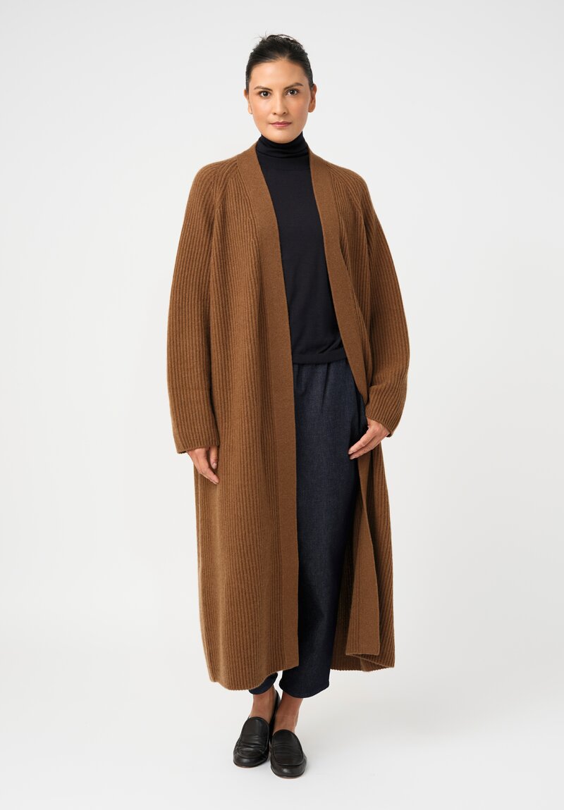 Dusan Cashmere Ribbed Knit Long Cardigan in Saddle Brown