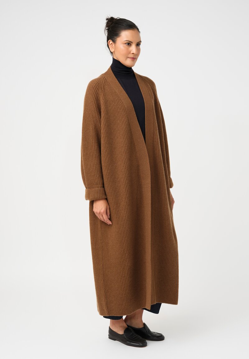 Dusan Cashmere Ribbed Knit Long Cardigan in Saddle Brown