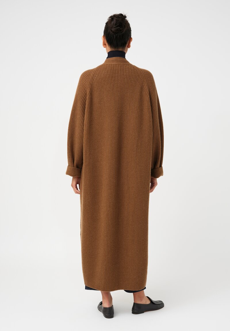 Dusan Cashmere Ribbed Knit Long Cardigan in Saddle Brown