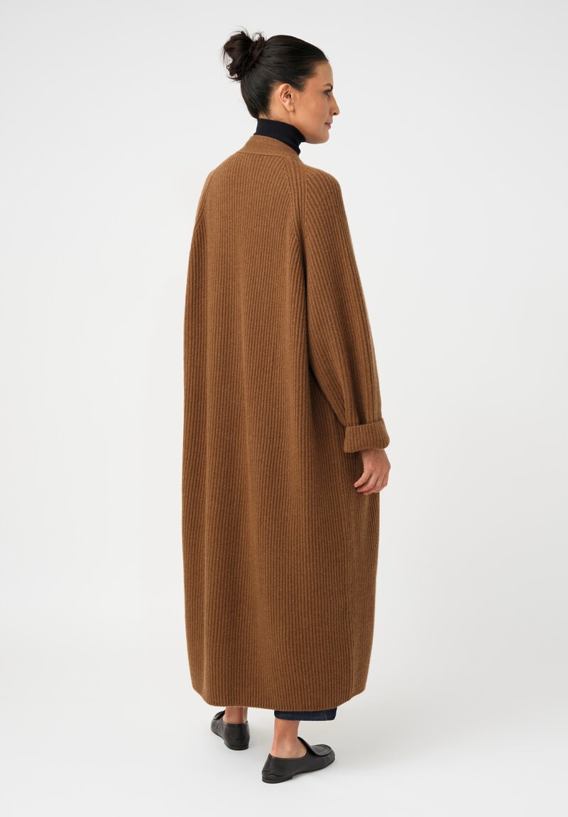Dusan Cashmere Ribbed Knit Long Cardigan in Saddle Brown