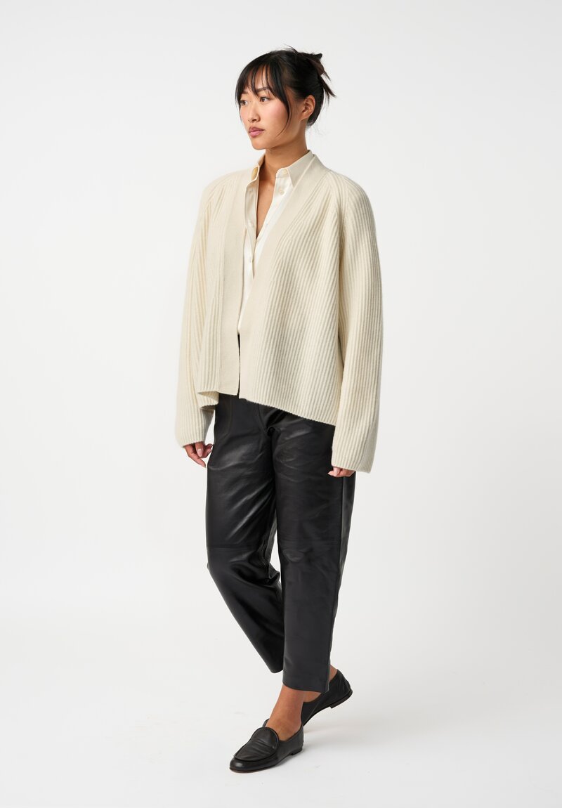 Dusan Cashmere Ribbed Knit Cardigan in Bone White