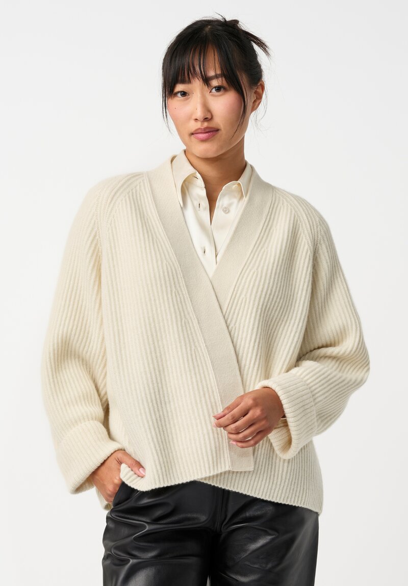 Dusan Cashmere Ribbed Knit Cardigan in Bone White