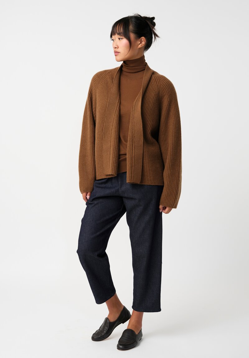 Dusan Cashmere Ribbed Knit Cardigan in Saddle Brown