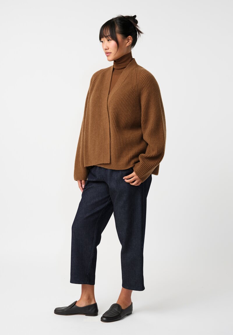 Dusan Cashmere Ribbed Knit Cardigan in Saddle Brown