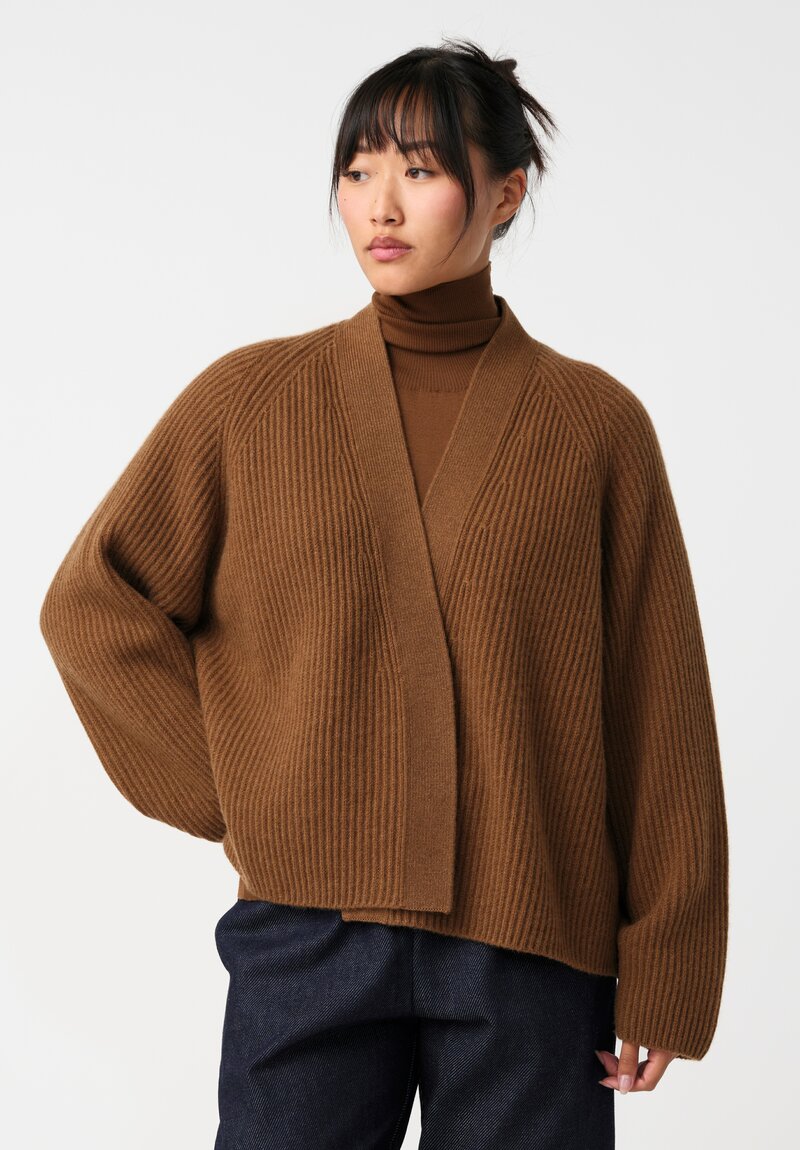 Dusan Cashmere Ribbed Knit Cardigan in Saddle Brown