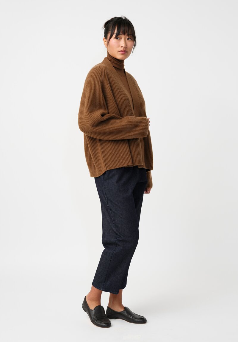 Dusan Cashmere Ribbed Knit Cardigan in Saddle Brown