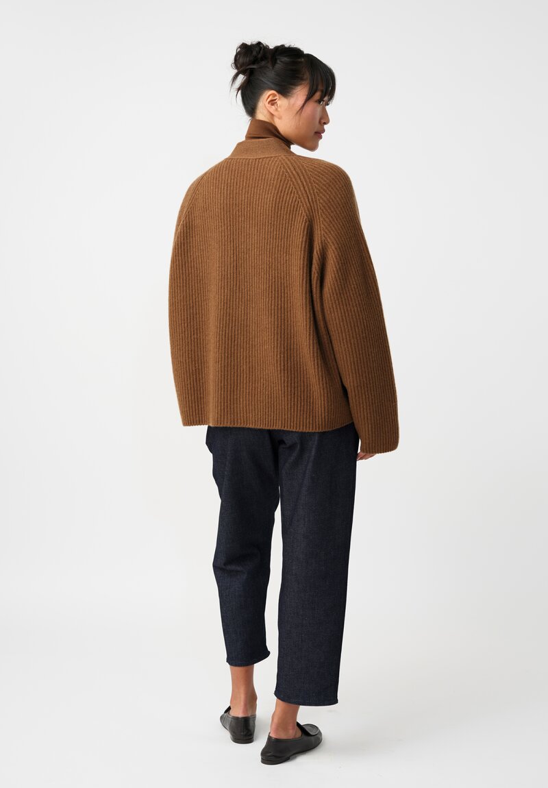 Dusan Cashmere Ribbed Knit Cardigan in Saddle Brown