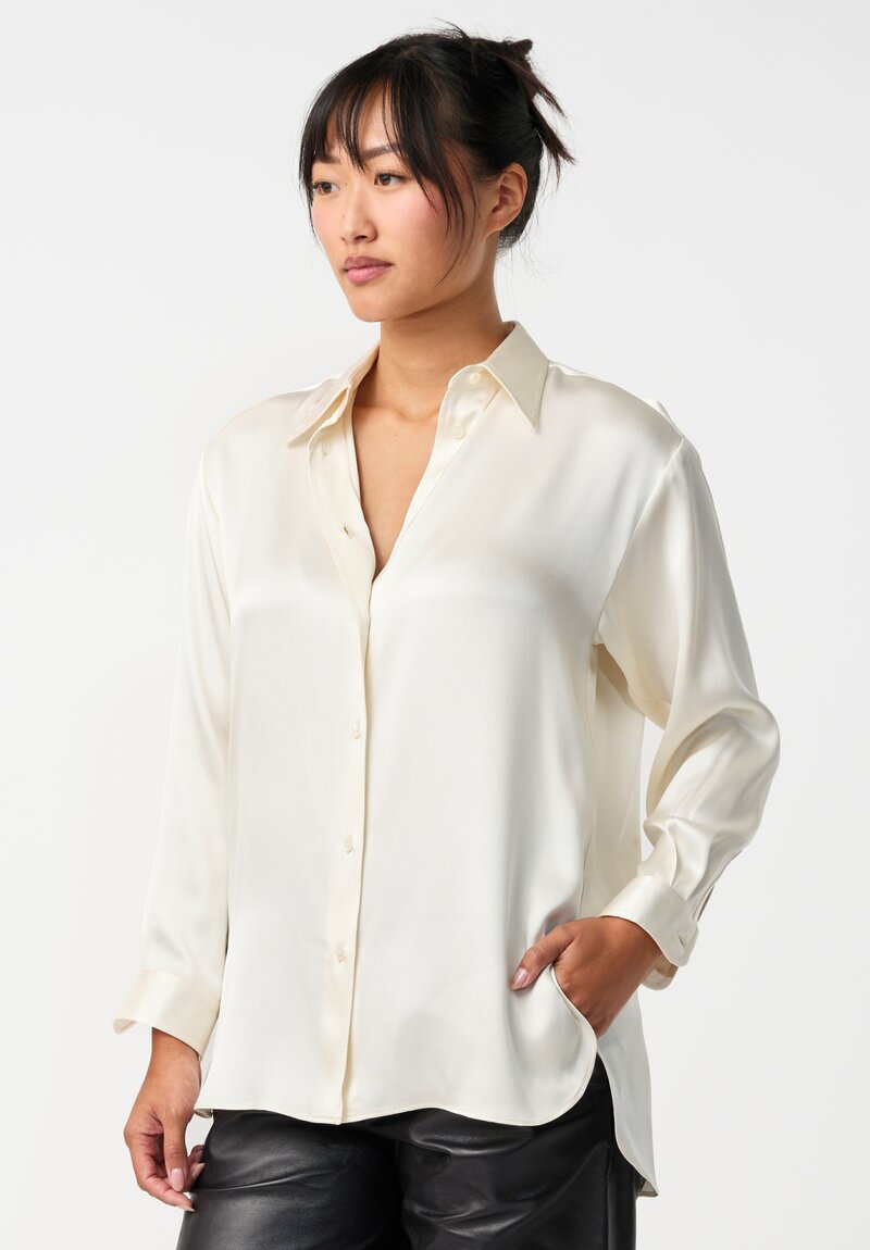 Dusan Silk Doppio Raso Button-Down Shirt in Pearl White