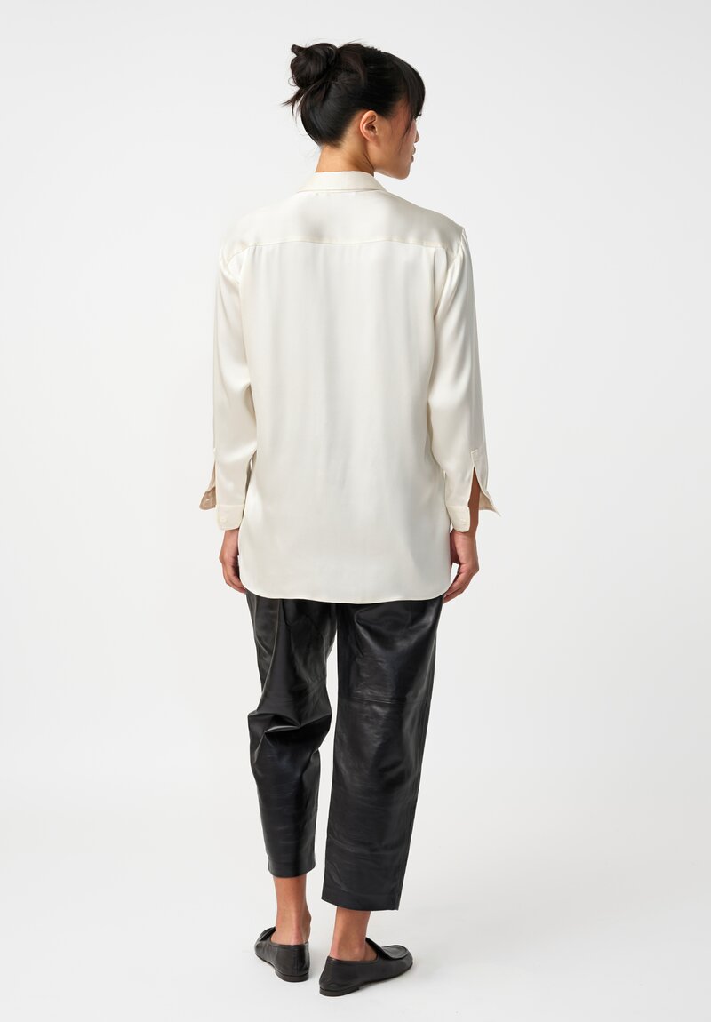 Dusan Silk Doppio Raso Button-Down Shirt in Pearl White