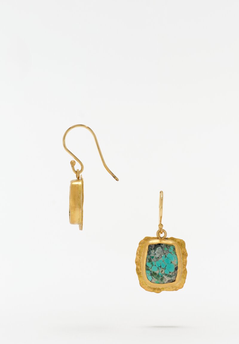Margery Hirschey 22K Hammered Gold Frame Drop Earrings with Square Turquoise Cabochon