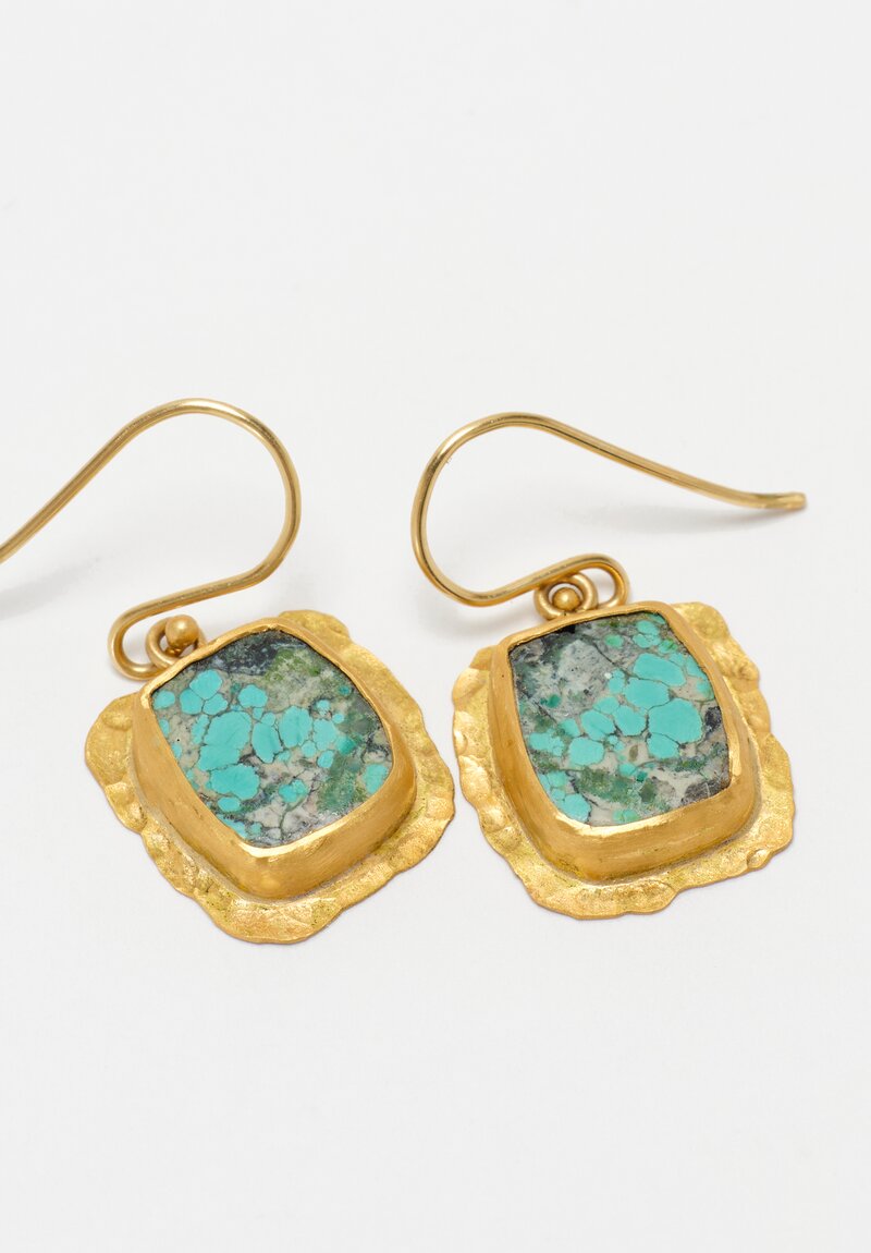 Margery Hirschey 22K Hammered Gold Frame Drop Earrings with Square Turquoise Cabochon