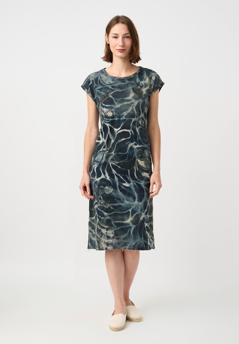 	Alabama Chanin Cotton Hand-Painted Fallen Leaves Appliqué Dress in Petrichor Blue