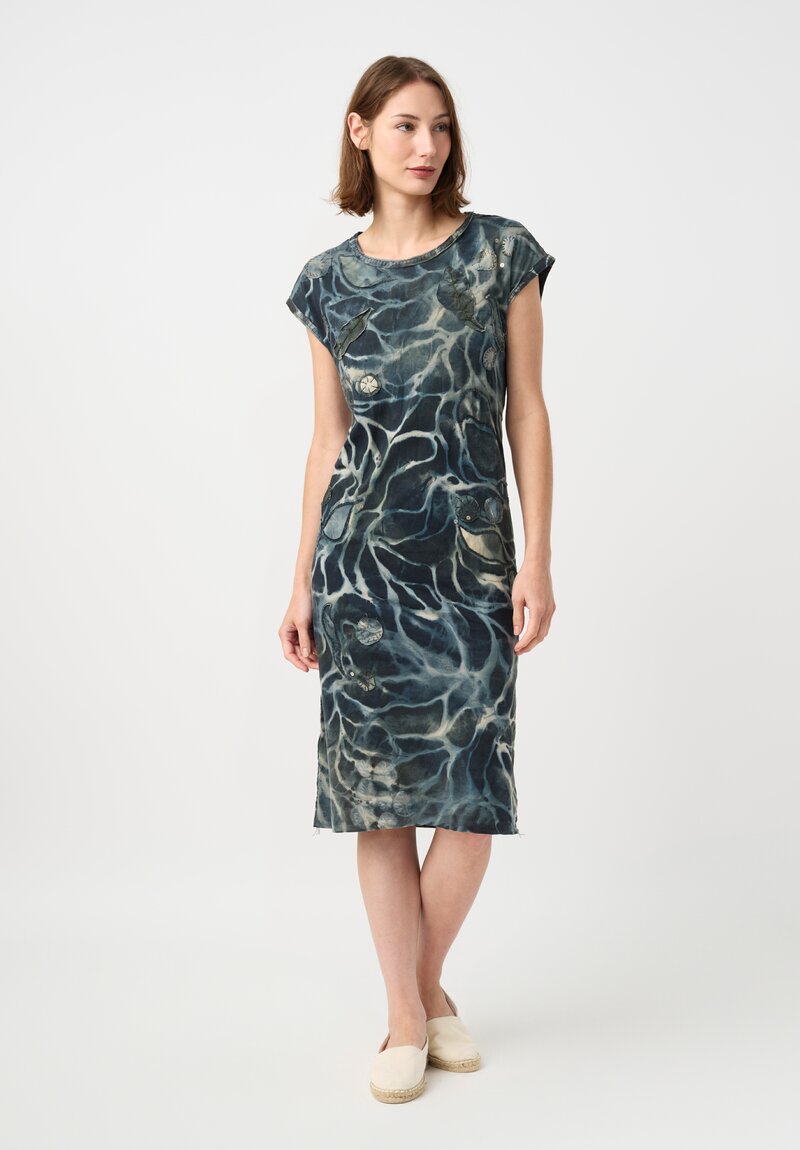 	Alabama Chanin Cotton Hand-Painted Fallen Leaves Appliqué Dress in Petrichor Blue