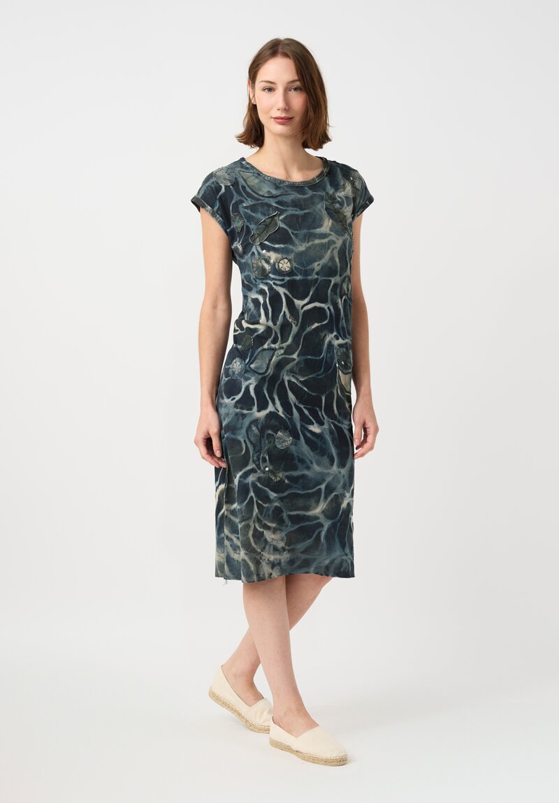 	Alabama Chanin Cotton Hand-Painted Fallen Leaves Appliqué Dress in Petrichor Blue