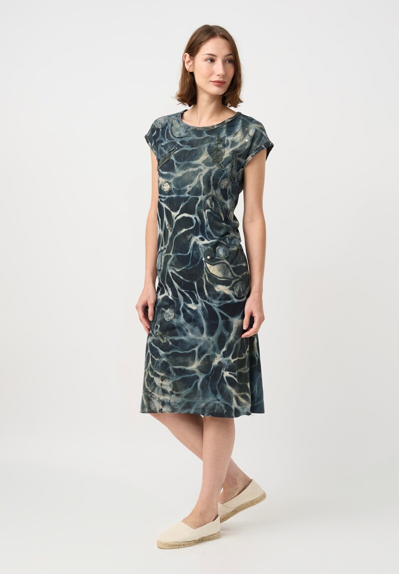 	Alabama Chanin Cotton Hand-Painted Fallen Leaves Appliqué Dress in Petrichor Blue
