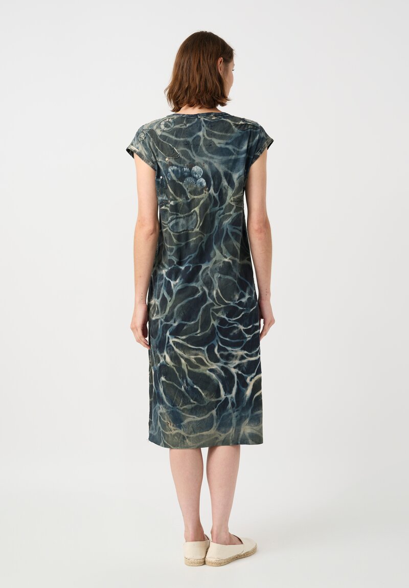 	Alabama Chanin Cotton Hand-Painted Fallen Leaves Appliqué Dress in Petrichor Blue