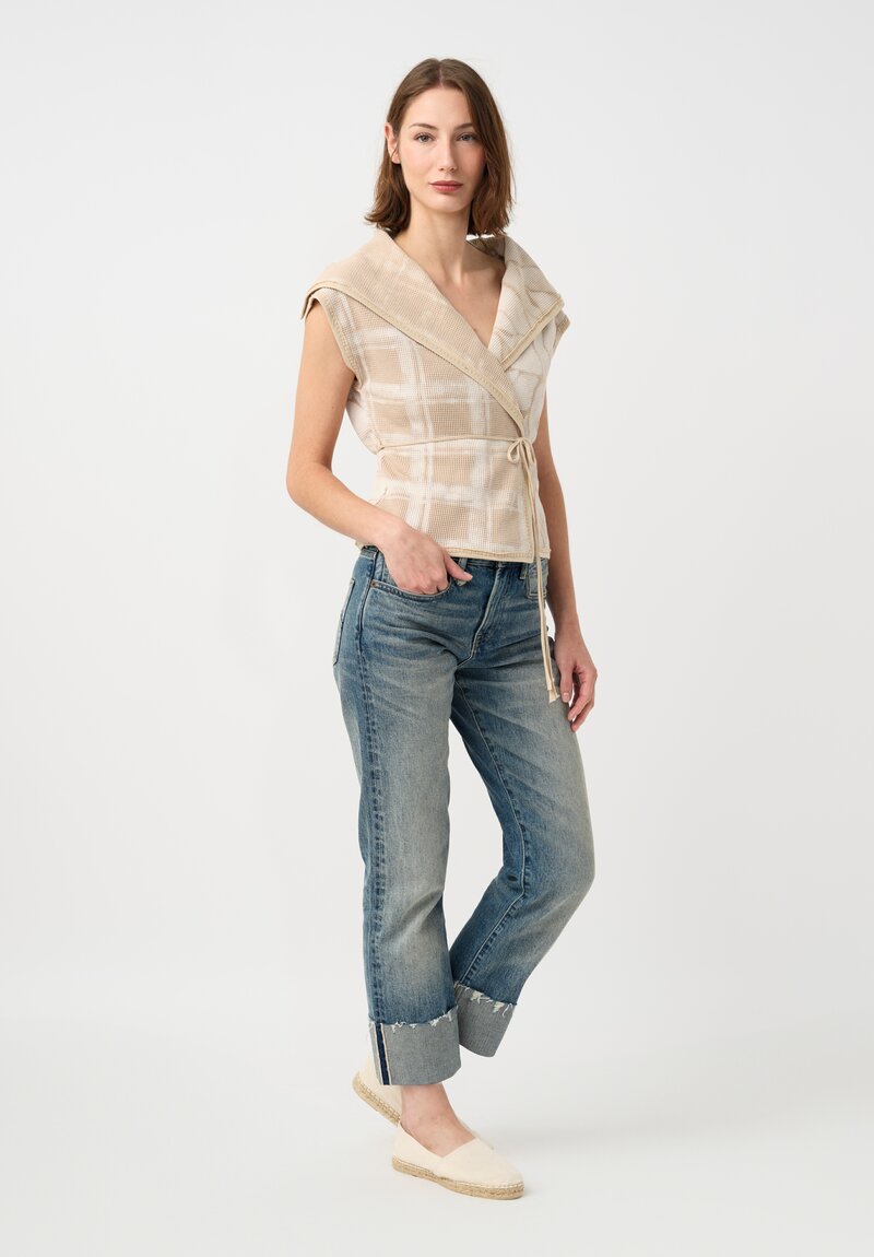 Alabama Chanin Cotton Hand-Dyed Waffle Knit Wrap Top in Natural Plaid & Fallen Leaves