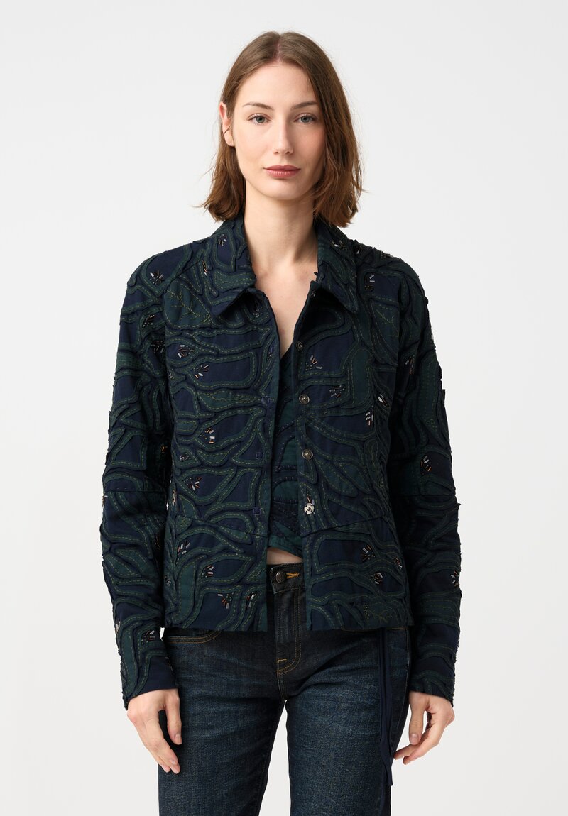 Alabama Chanin Cotton Embroidered Fallen Leaves Appliqué Jacket in Midnight Teal Blue