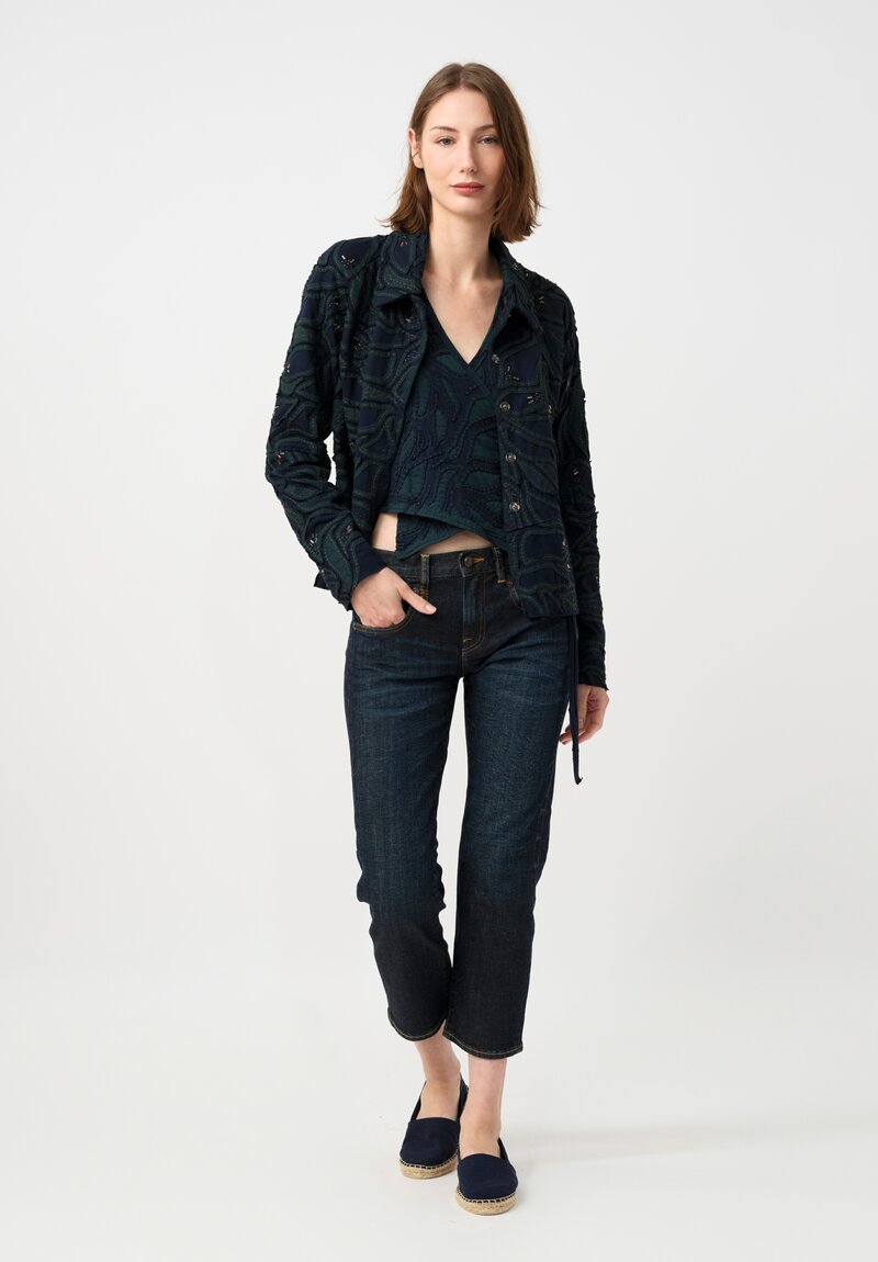 Alabama Chanin Cotton Embroidered Fallen Leaves Appliqué Jacket in Midnight Teal Blue