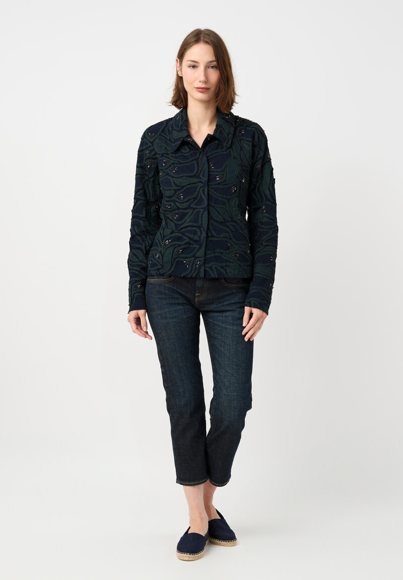 Alabama Chanin Cotton Embroidered Fallen Leaves Appliqué Jacket in Midnight Teal Blue