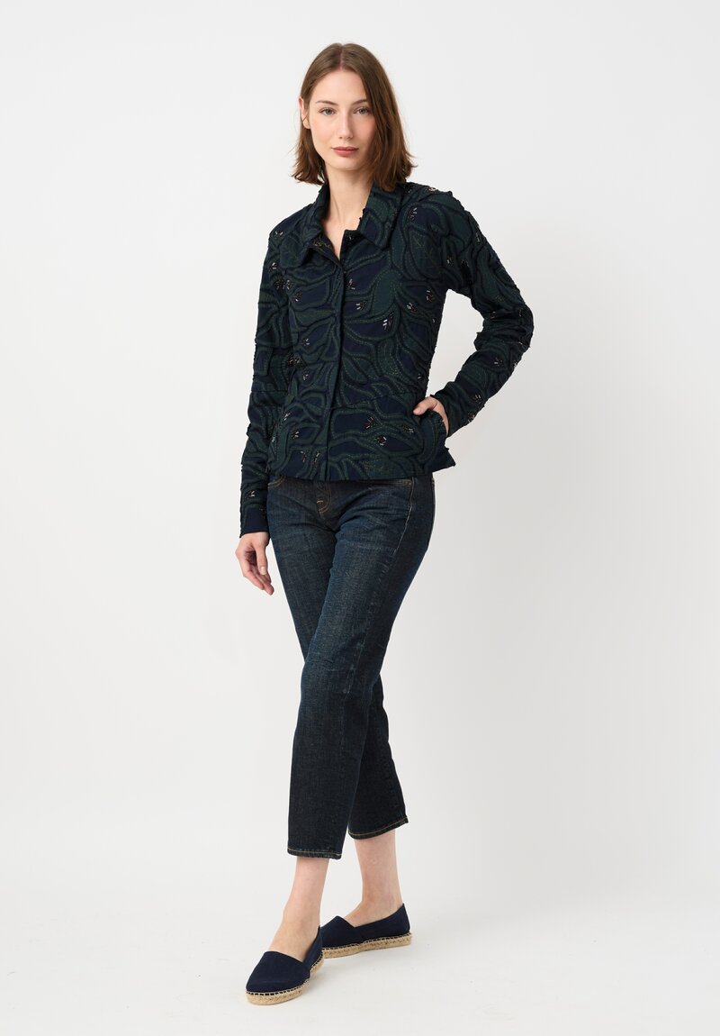 Alabama Chanin Cotton Embroidered Fallen Leaves Appliqué Jacket in Midnight Teal Blue