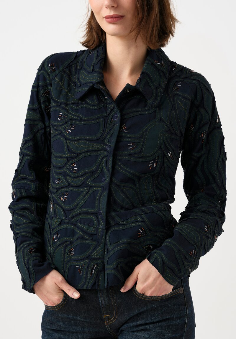 Alabama Chanin Cotton Embroidered Fallen Leaves Appliqué Jacket in Midnight Teal Blue
