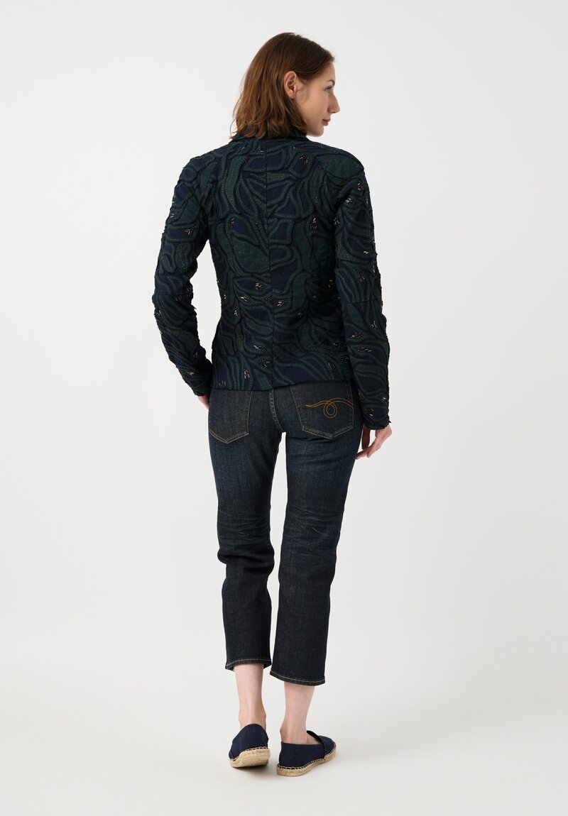 Alabama Chanin Cotton Embroidered Fallen Leaves Appliqué Jacket in Midnight Teal Blue