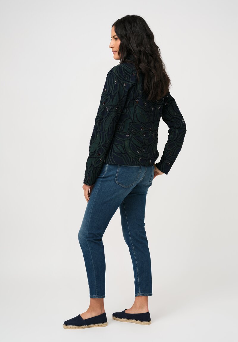Alabama Chanin Cotton Embroidered Fallen Leaves Appliqué Jacket in Midnight Teal Blue