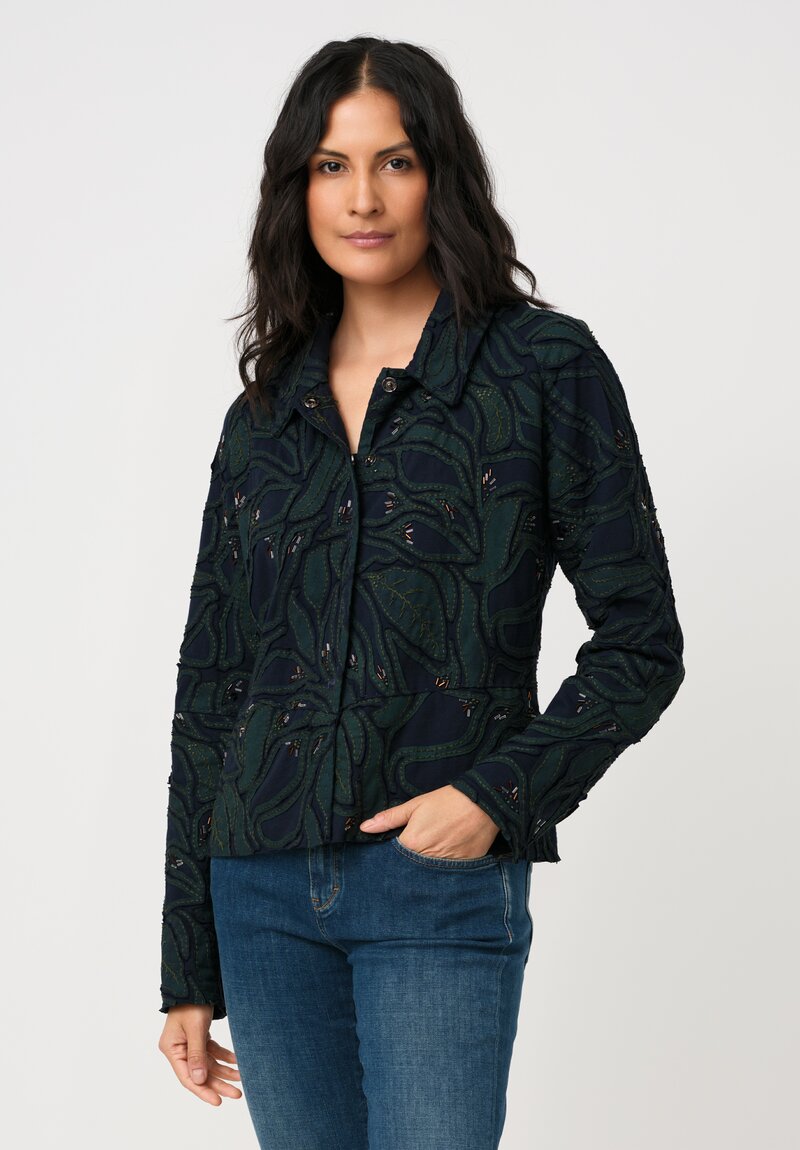 Alabama Chanin Cotton Embroidered Fallen Leaves Appliqué Jacket in Midnight Teal Blue