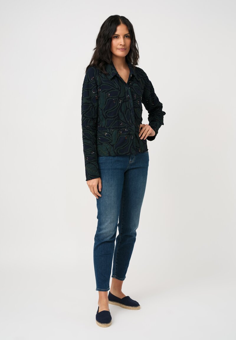 Alabama Chanin Cotton Embroidered Fallen Leaves Appliqué Jacket in Midnight Teal Blue