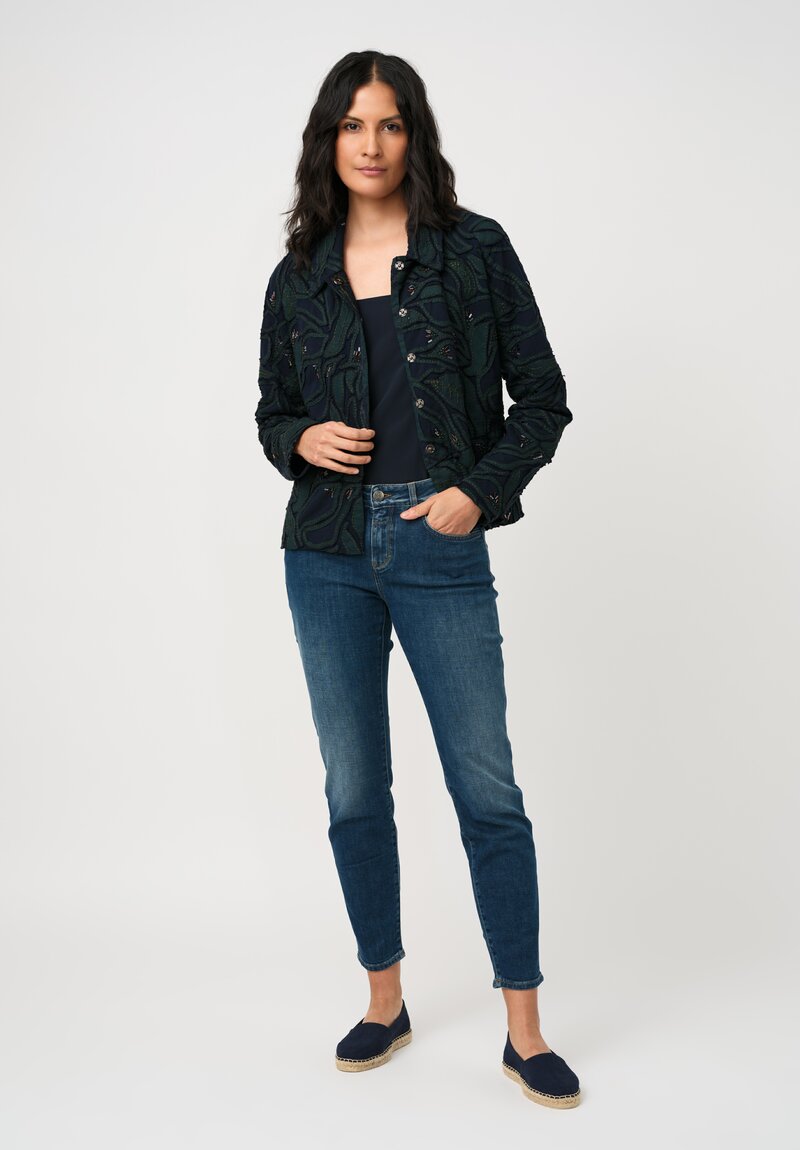 Alabama Chanin Cotton Embroidered Fallen Leaves Appliqué Jacket in Midnight Teal Blue