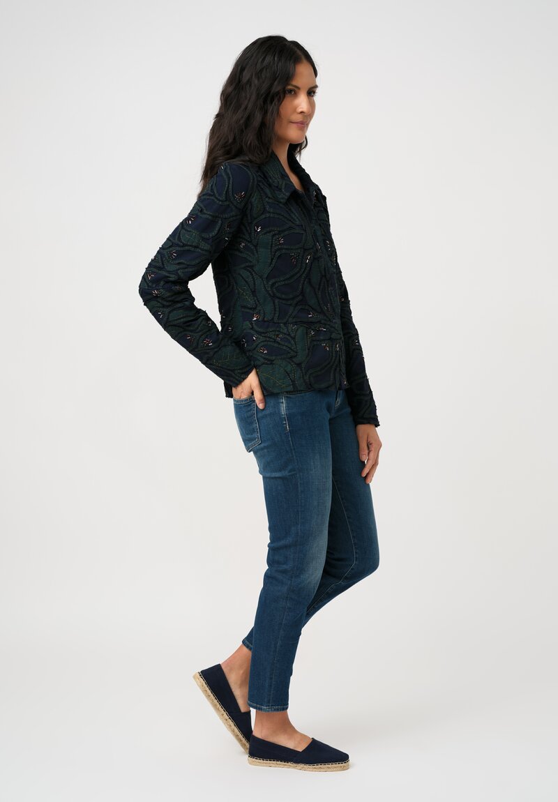 Alabama Chanin Cotton Embroidered Fallen Leaves Appliqué Jacket in Midnight Teal Blue
